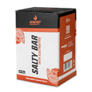 4Energy Salty Bar Box - 10 x 45 g chocolade karamel smaak, zwart, wit, en oranje verpakking met cacao peul illustratie en QR code.