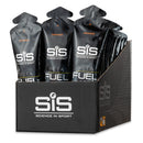 SIS Beta Fuel Gel Box - 30 x 60 ml orange flavor, black box with hexagonal pattern, SiS logo, and neatly arranged energy gel packets.