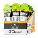 SIS GO Isotonic Energy Gel Box - 30 x 60ml apple flavor, box with orange pattern and green-topped packets on white background.